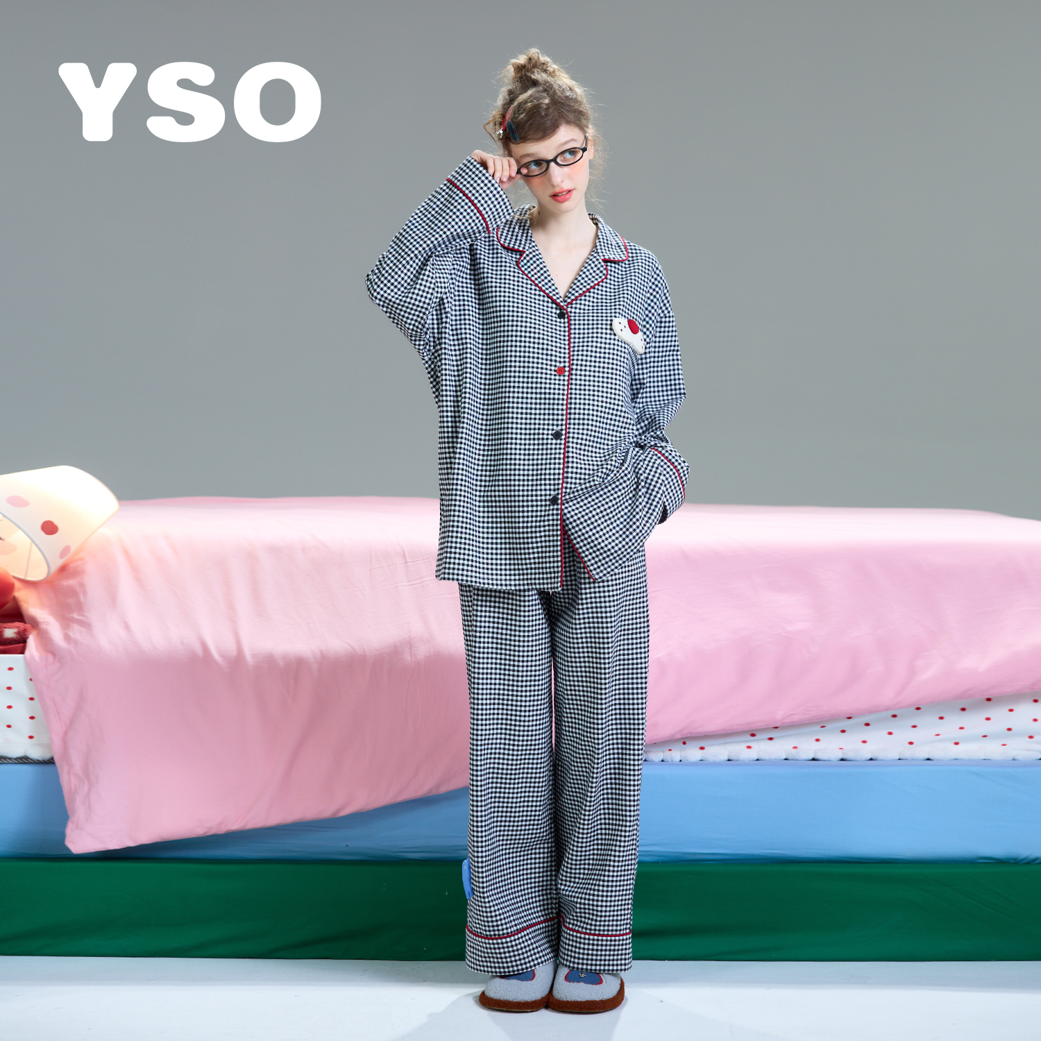 【酷猫系列】睡衣女春秋格纹衬衫长袖居家长裤休闲简约家居服套装
