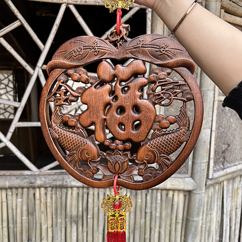 【送配件】四季平安木雕挂件 樟木东阳木雕圆形挂画 直径28
