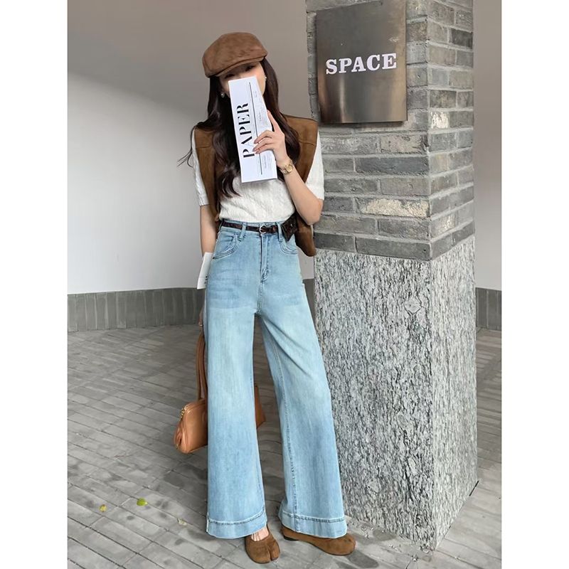 浅色不贴腿微喇牛仔裤女2025春季新款小众高腰宽松显瘦垂感阔腿裤