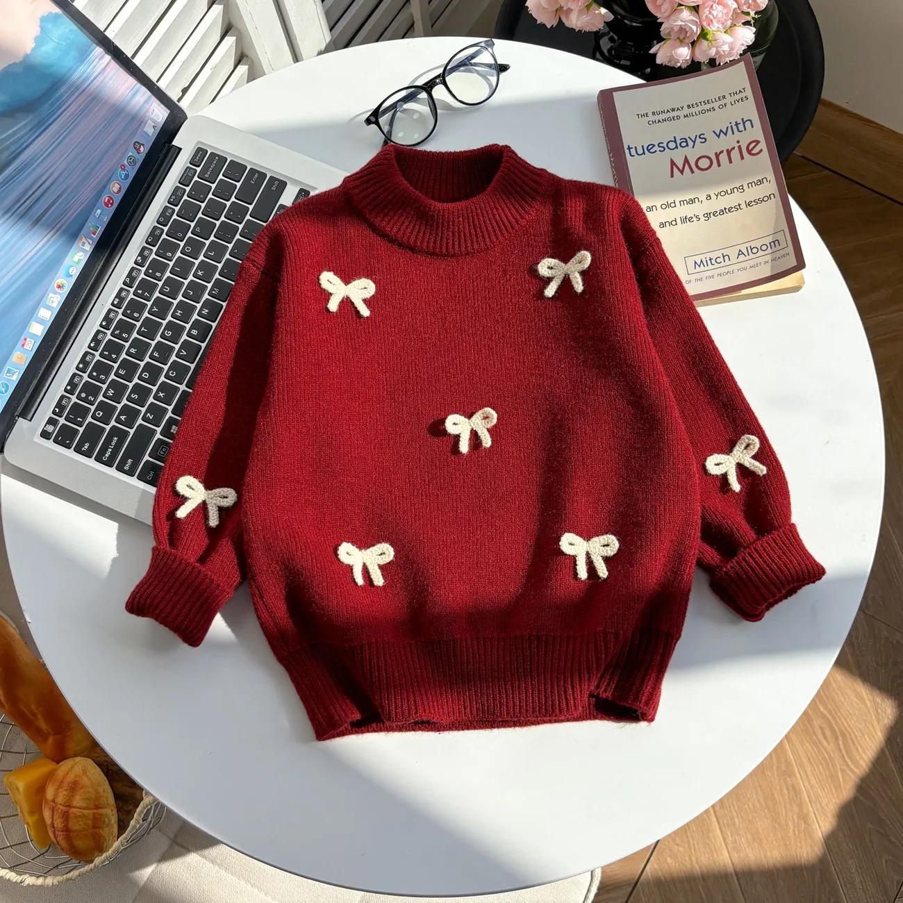 女童红色蝴蝶结毛衣韩版秋冬2025打底新款上衣儿童冬季童装针织衫