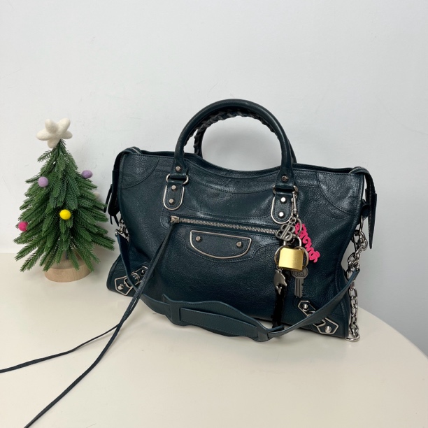 95新 Balenciaga/巴黎世家 墨绿色山羊皮中号机车单肩斜挎包