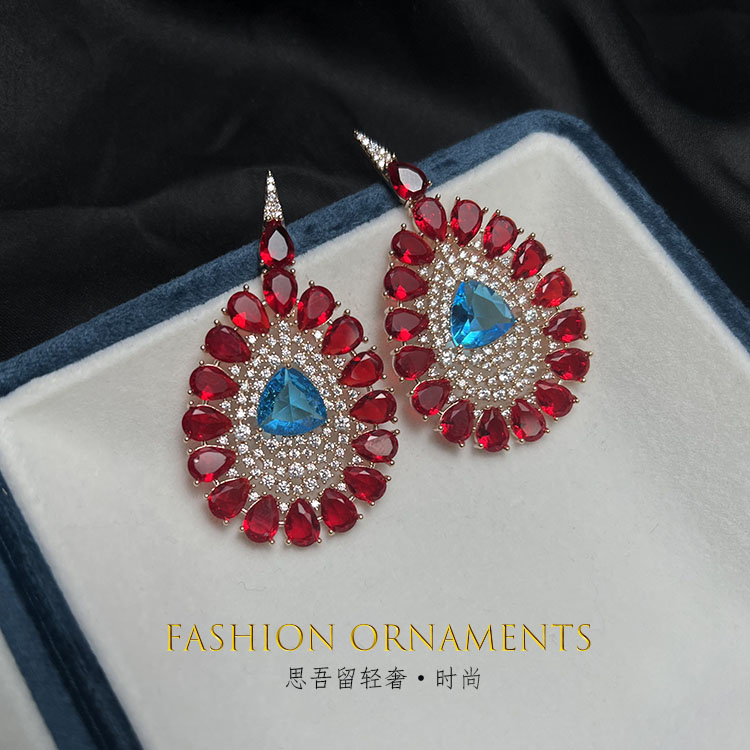 铜合金锆石耳饰 1099 轻奢气质 华丽红色镶嵌复古耳环