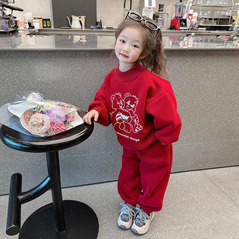 MUMUWU女童冬季加绒红色卫衣卫裤两件套中小童蛇年新年喜庆套装潮