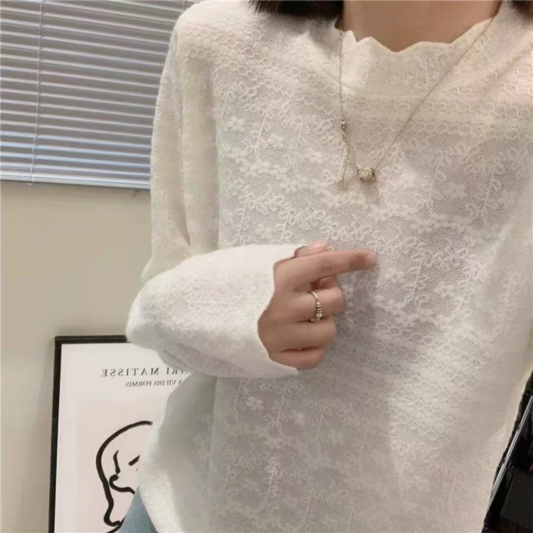 【浮雕钩花】气质优雅圆领绵羊毛毛衣女内搭洋气纯色显瘦针织打底