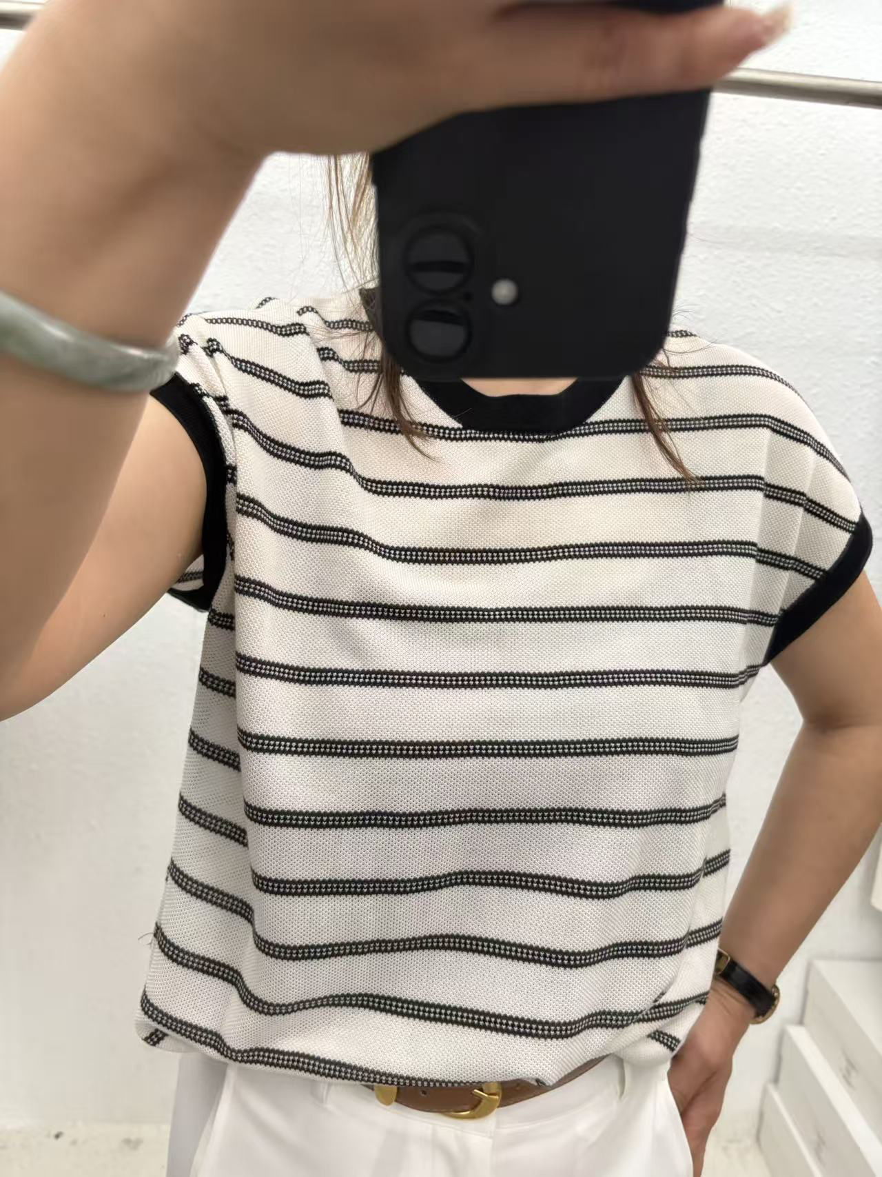 针织T恤宽松条纹圆领短袖