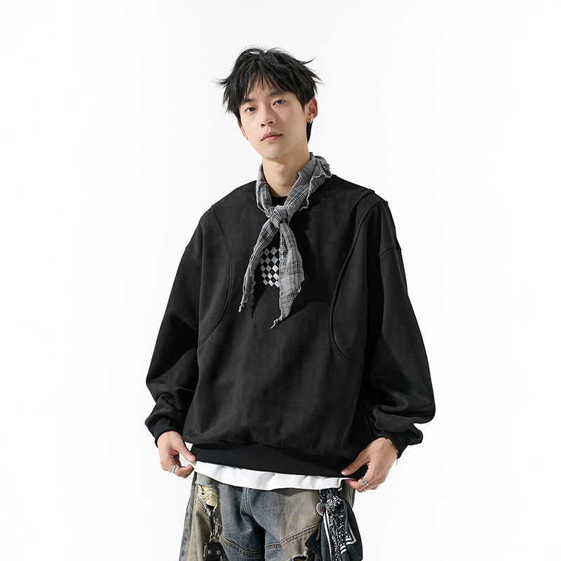 卫衣男ins潮牌美式方块刺绣拼接长袖t恤春秋情侣小众圆领套头上衣