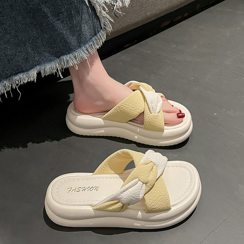 夏季拖鞋女外穿2025新款麻花辫网红厚底串色一字拖防滑凉拖鞋-4CM