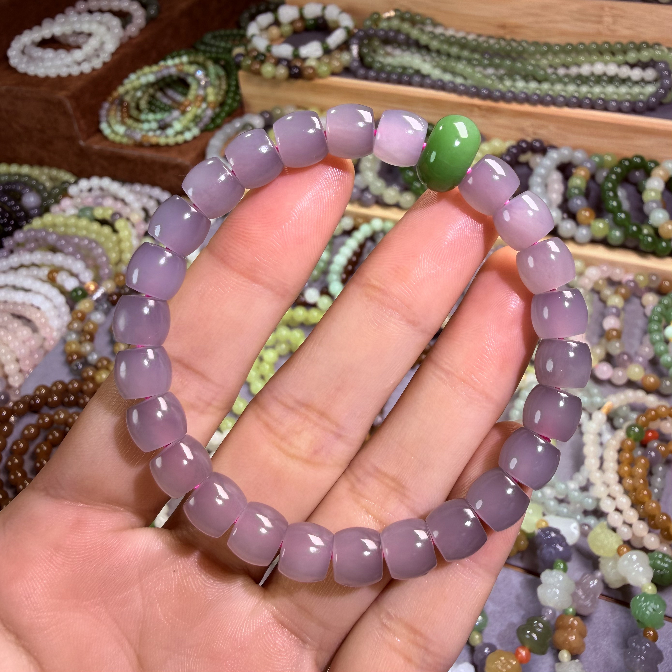 和田玉烟紫7.8mm直切手串深冰紫不偏色时尚百搭素圈紫色玉手串