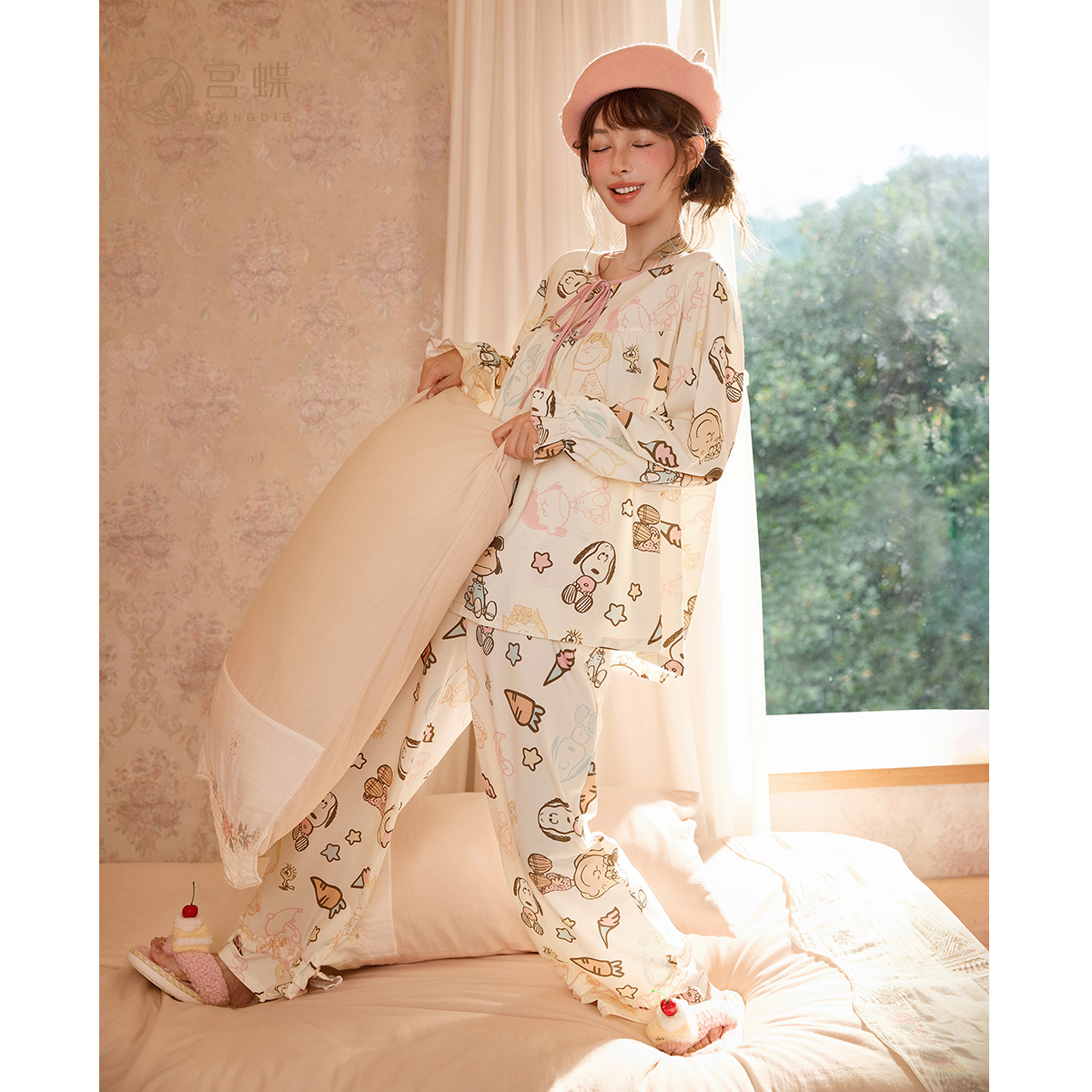 宫蝶【礼盒装】史努比春秋新款睡衣女蝴蝶结系带可爱纯棉长袖套装