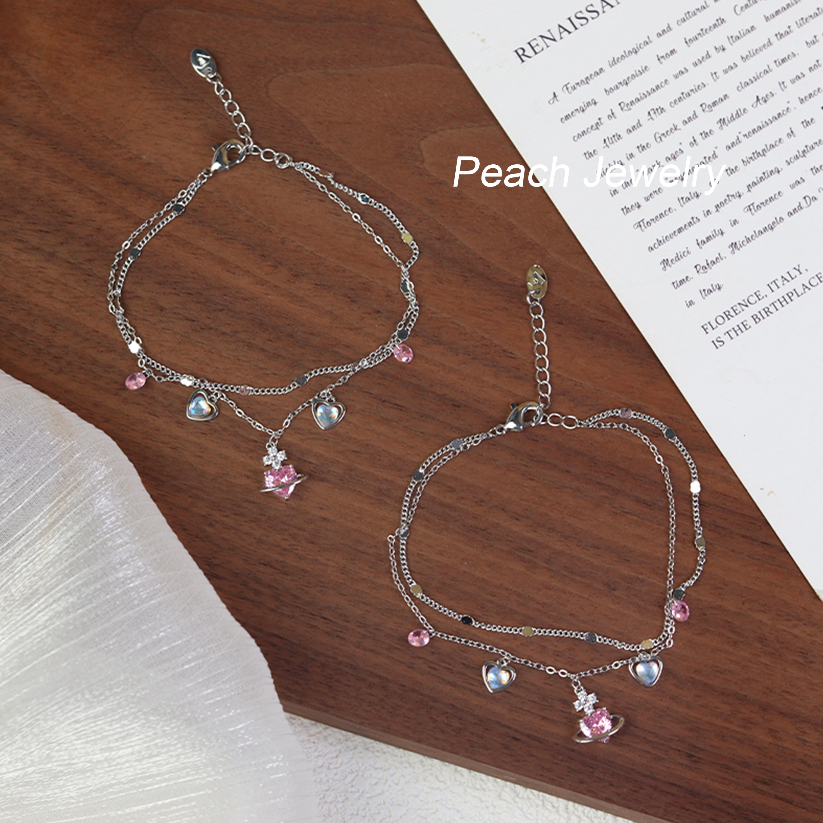 非金属合成锆石手链 预售双层锆石爱心星球可调节手链TT543 发一