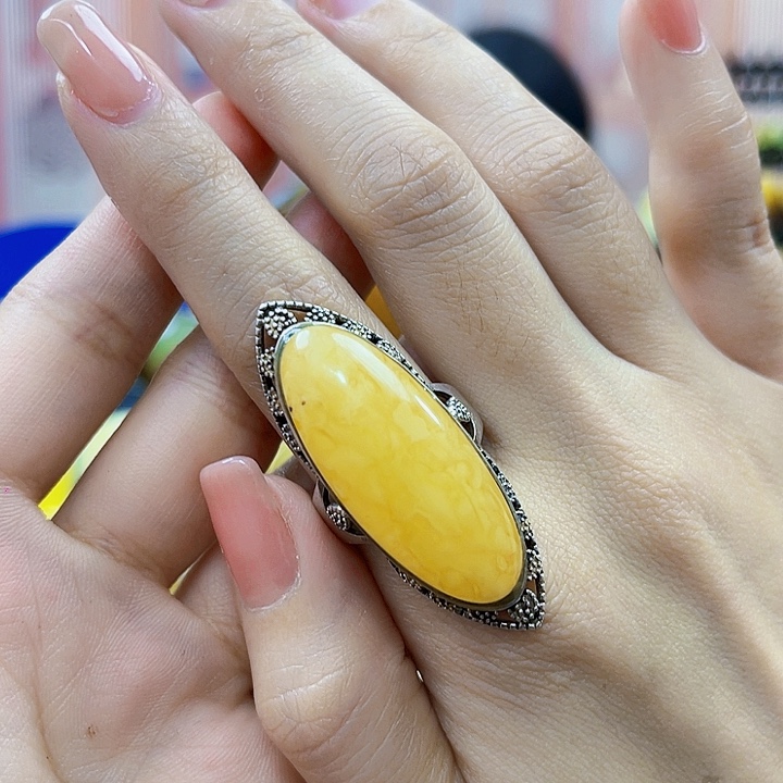 蜜蜡银S925镶嵌裸石戒指