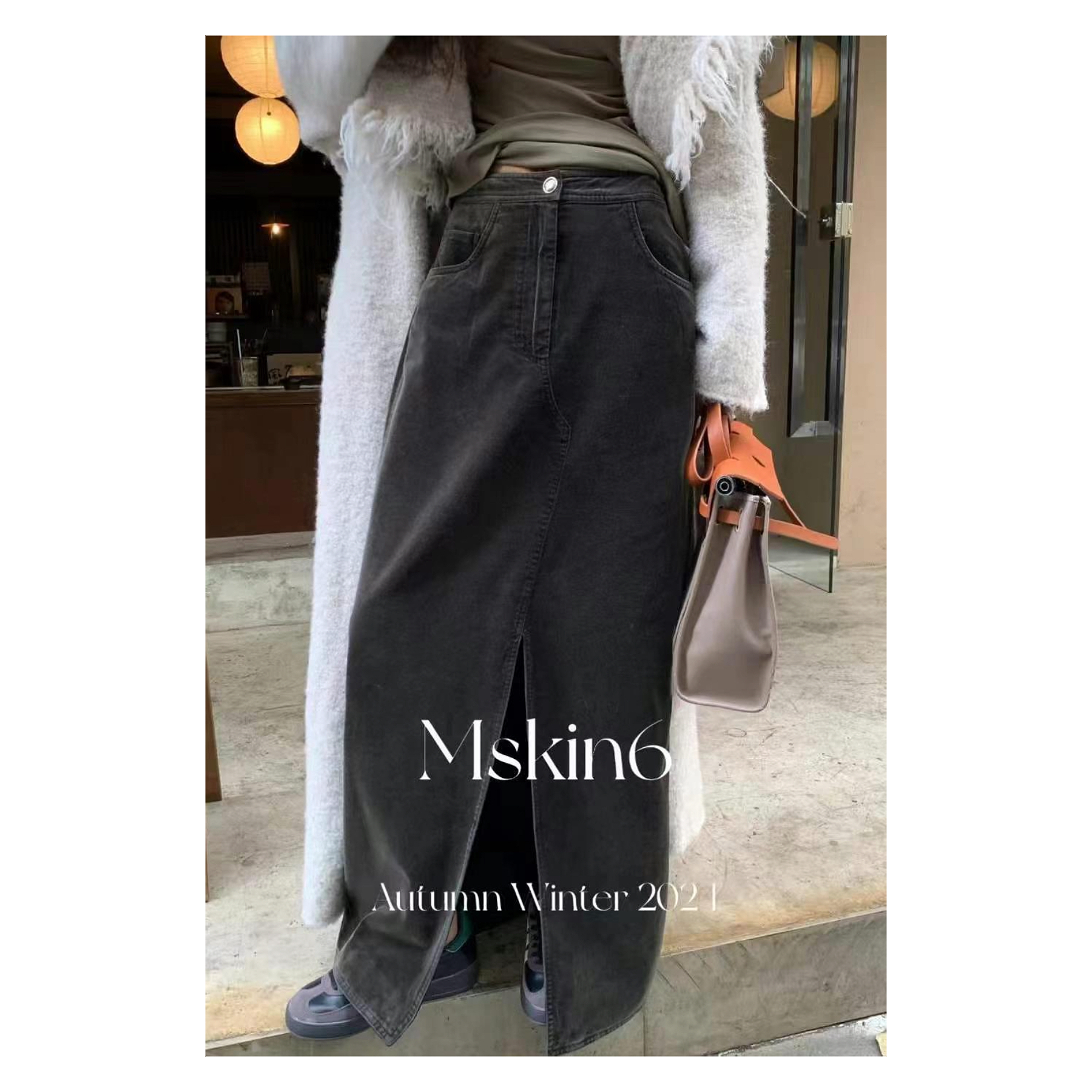 3839丨msk灯心绒后开叉弹性长半裙