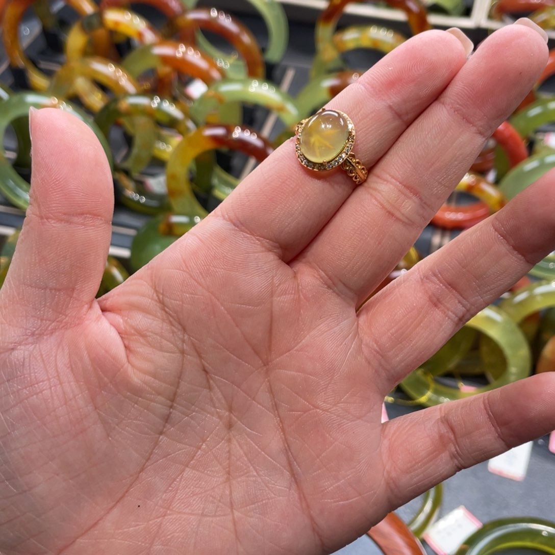 蛇纹石玉戒指银S925镀金镶嵌