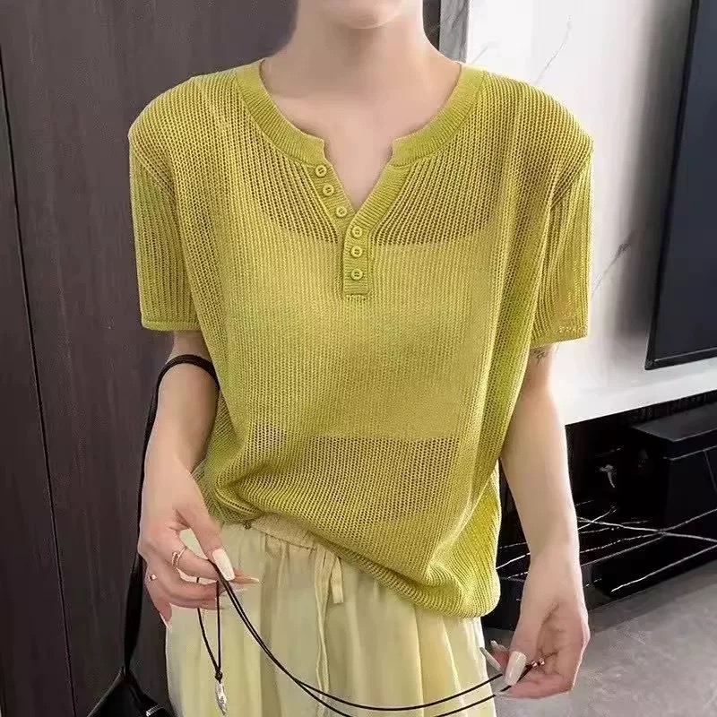 咸菜绿短袖洋气气质扣子夏季和纸纱宽松冰感针织上衣