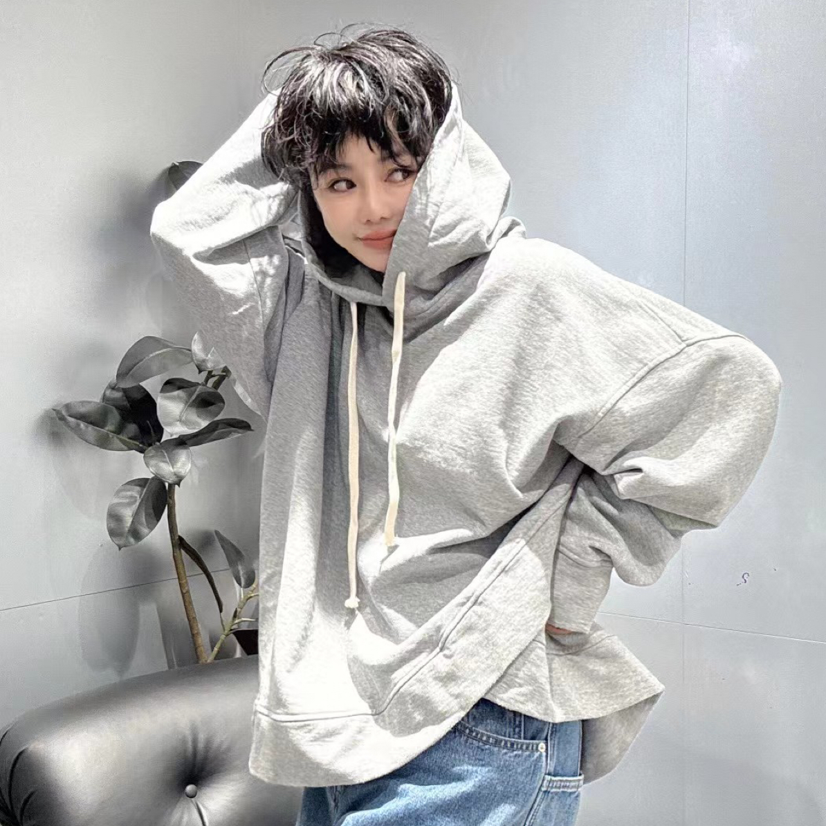 套头抽绳连帽宽松型拼色宽松卫衣