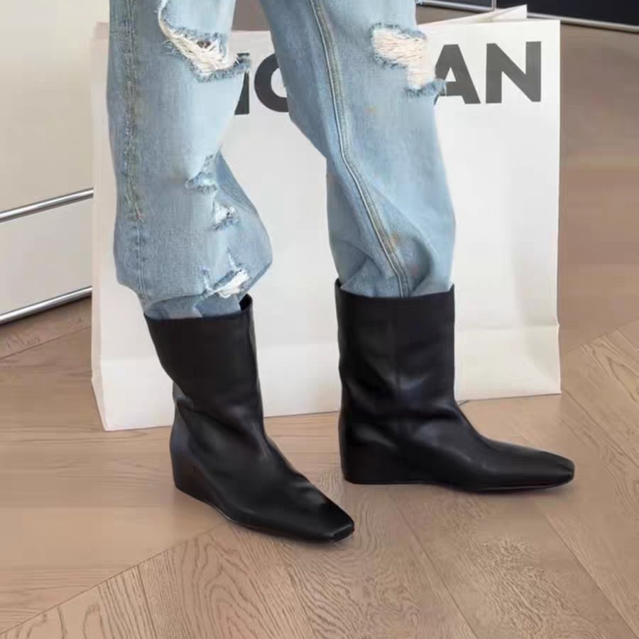 ZZGS【方头粗跟短靴女秋冬新款英伦风百搭宽松套筒通勤时装靴】66-1