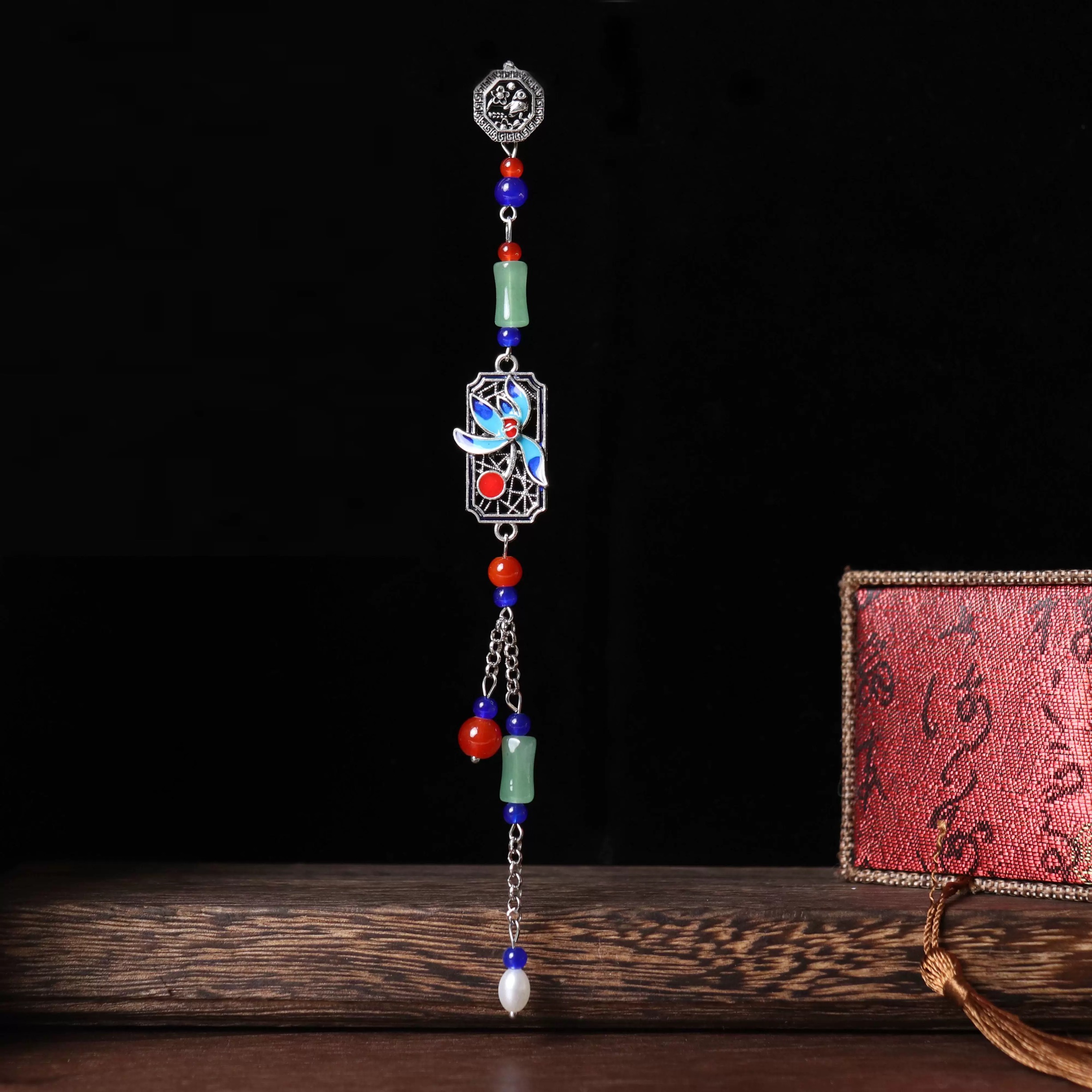 合金胸针 恬奇家a777“荷花压襟”复古国风景泰蓝烧蓝点翠压襟胸针