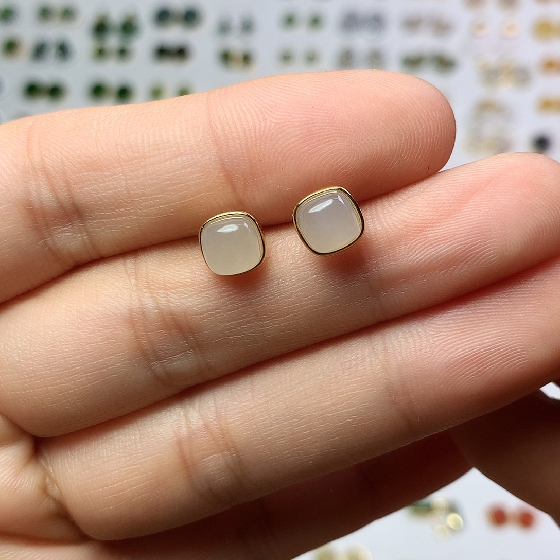银S925镀金镶嵌和田玉（白玉）耳饰爱****运