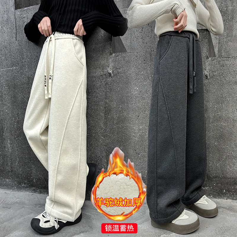 女童人字纹加绒阔腿裤秋冬洋气毛呢裤子加厚人字纹直筒裤糯米长裤