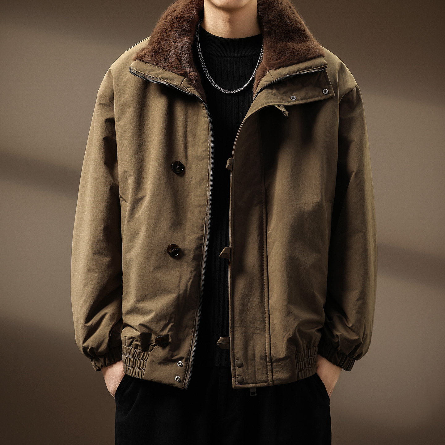 皮尔卡丹双面穿高端座山雕加厚棉服外套高级感男士毛领保暖夹克潮