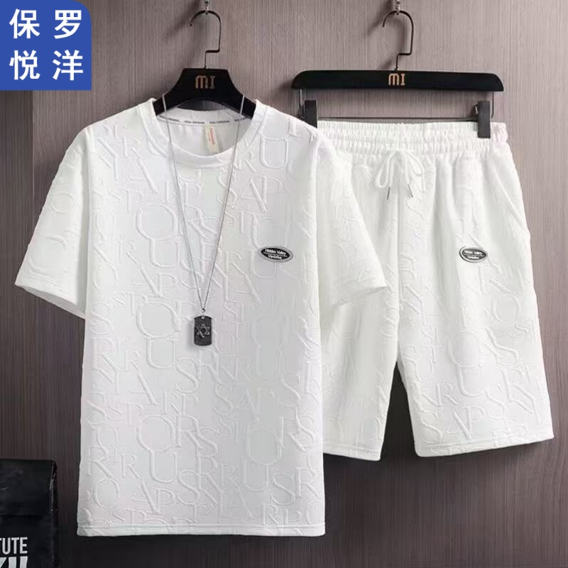 保罗悦洋夏季男士新款提花短袖短裤套装休闲运动大码弹力二件套