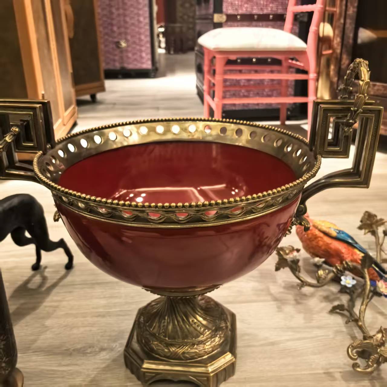 【欧美外单】红色铜配瓷大号果盆花盆 