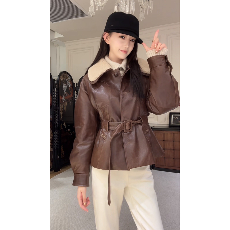 SANJUN高端定制【博阳】时尚羊皮毛一体羊羔毛领外套（带腰带）2019