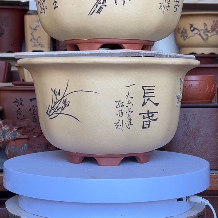 了***然紫砂花盆仿古粉浆彩绘小葵盆