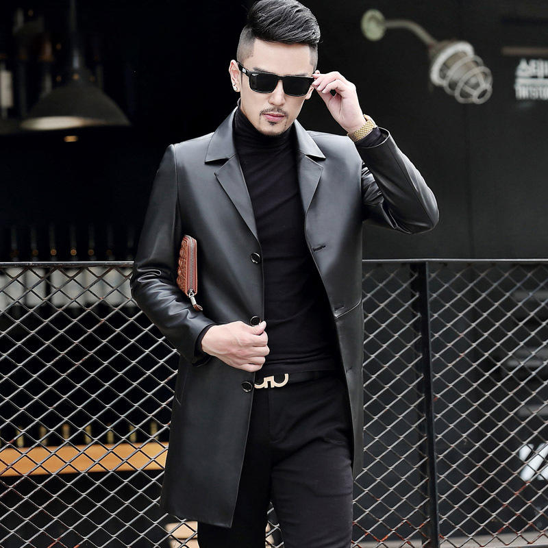 秋款真皮皮衣秋冬男海宁中长款皮夹克外套西装领青春流行