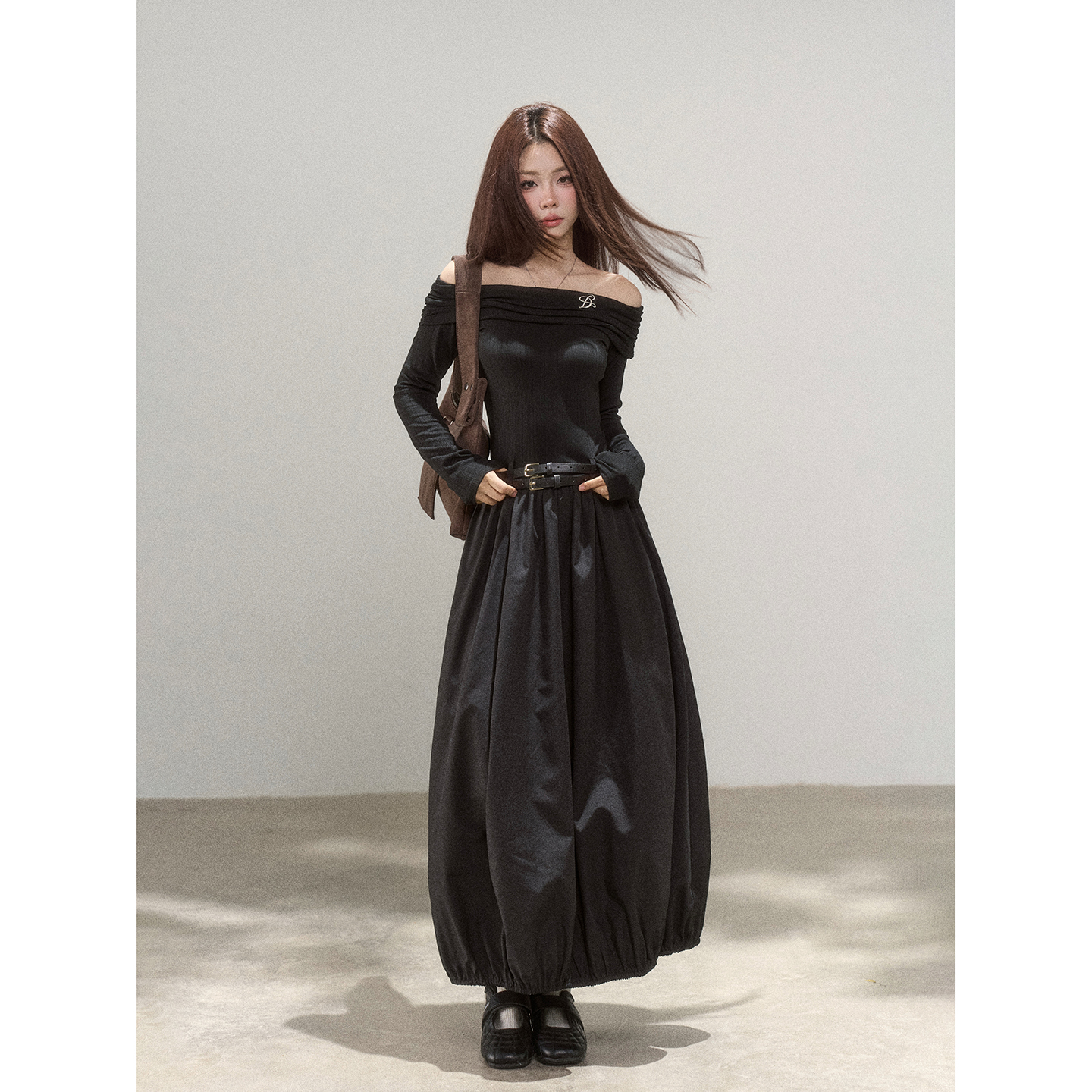 【小野莓】法式一字肩连衣裙女秋冬小众设计感a字长裙-清清BL59008