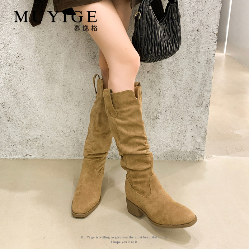 复古瘦瘦西部褶皱堆堆骑士靴女2025新款秋冬季高筒粗跟不过膝长靴