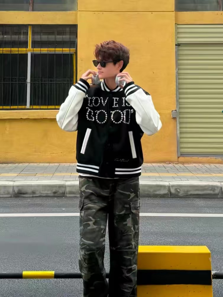 买手店GOOD经典黑白棒球服外套珍珠外套刺绣皮革拼接立领夹克男女