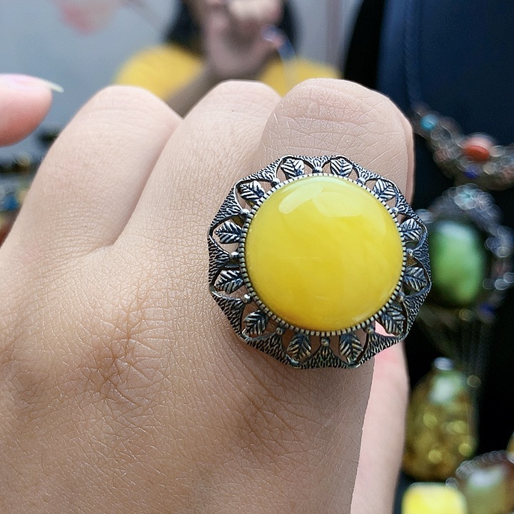 银S925镶嵌琥珀裸石戒指