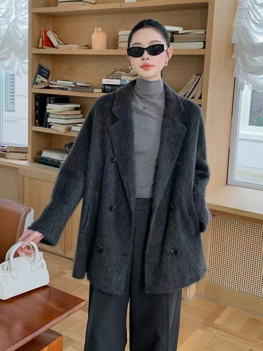 【YJ中长拉毛外套】新款拉毛西装领 大衣女中长款羊毛衫外套高级感