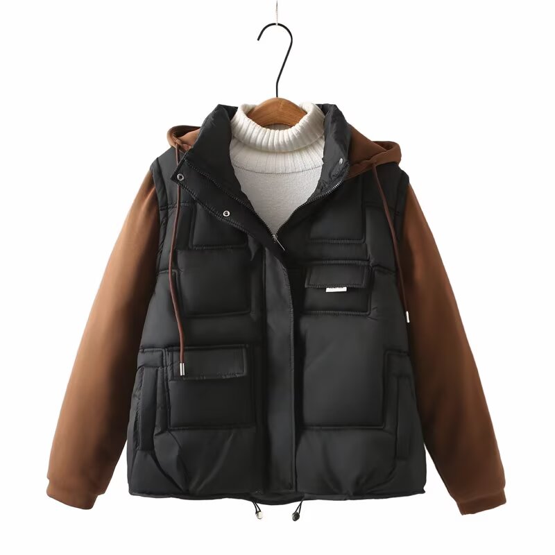 口袋褶皱拼接保暖秋冬休闲韩系短棉服棉衣冬季