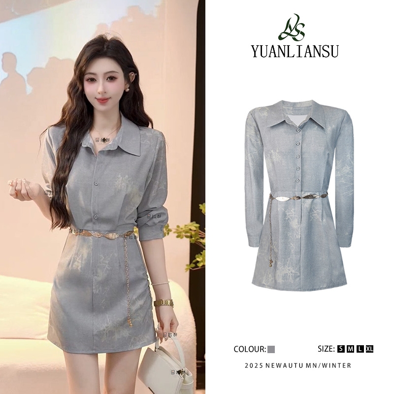 【星月海岸】新款复古港风扎染衬衫收腰连衣裙女显瘦裙子