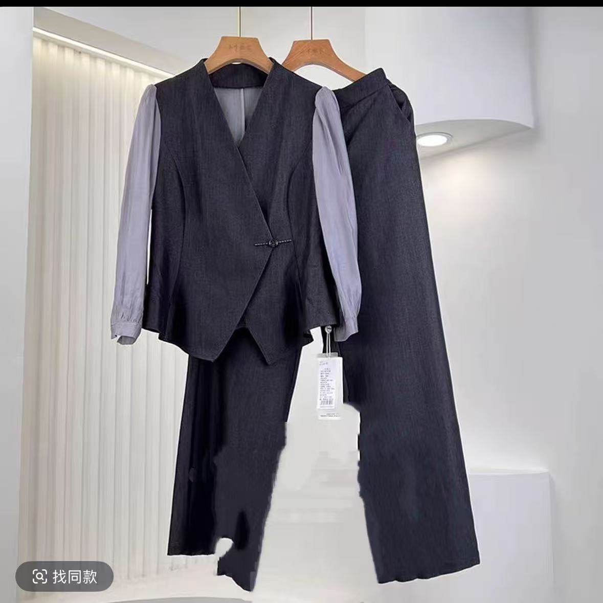 【T1645】春秋季正品气质职业套装女显瘦上衣拼接阔腿裤两件套