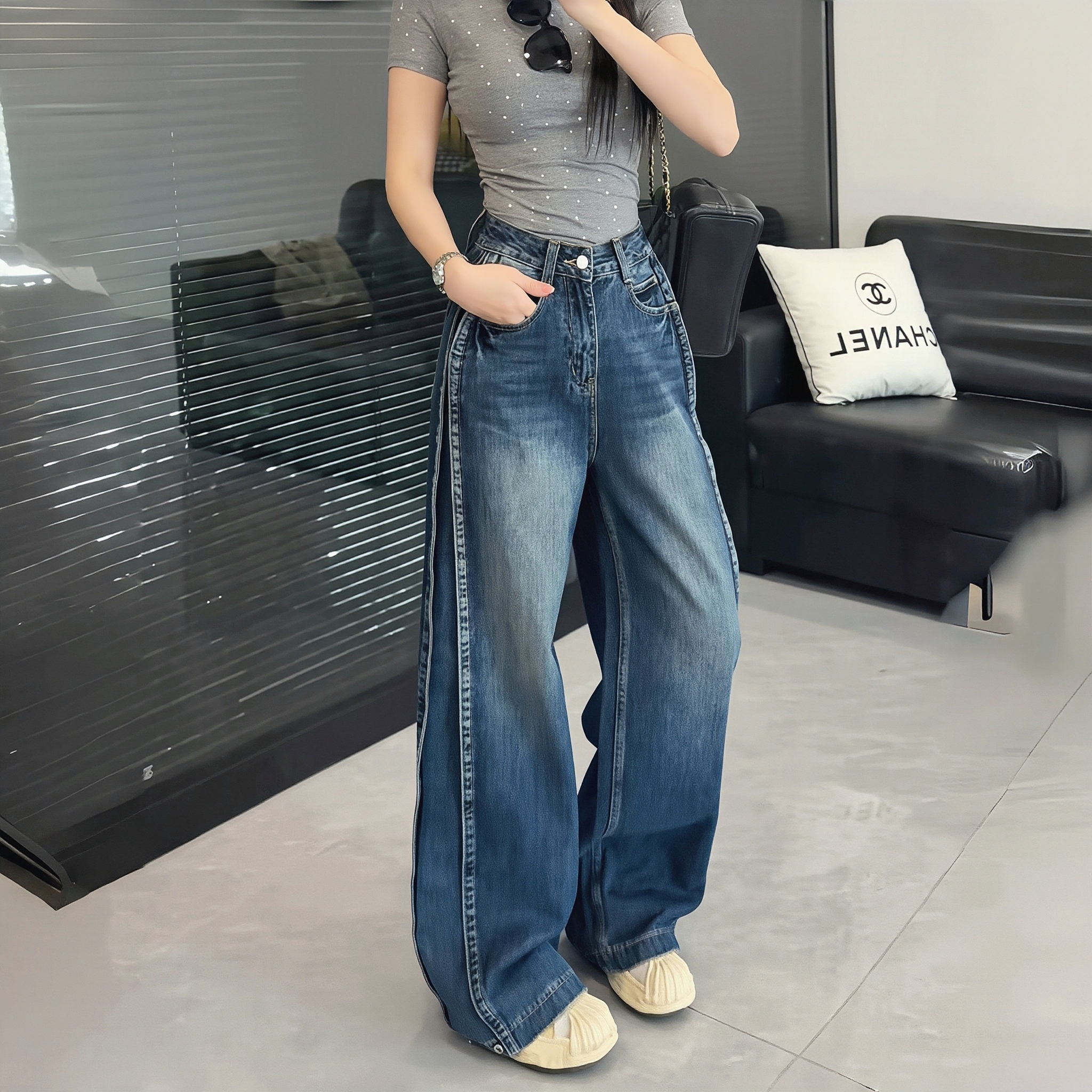 美式复古水洗阔腿牛仔裤女裤秋装宽松新款显瘦气质直筒拖地裤子