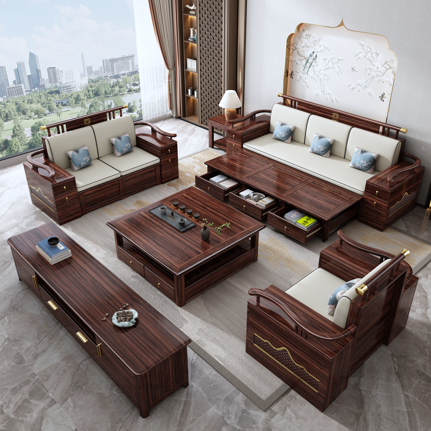 实木多功能拉床沙发新中式床冬夏两用客厅乌金木推拉可折叠伸缩床