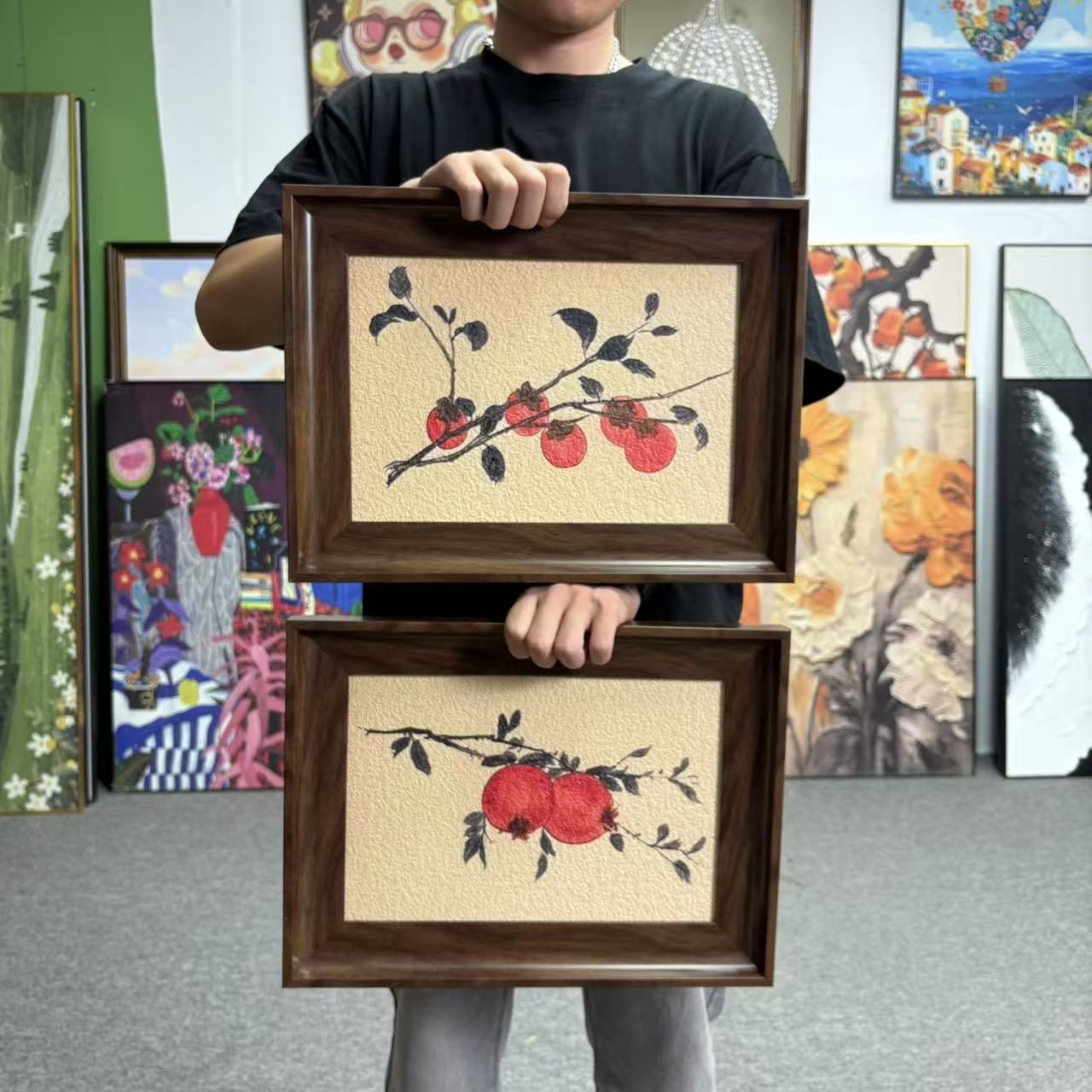 中式柿柿如意横版复古艺术客厅餐厅装饰画3040