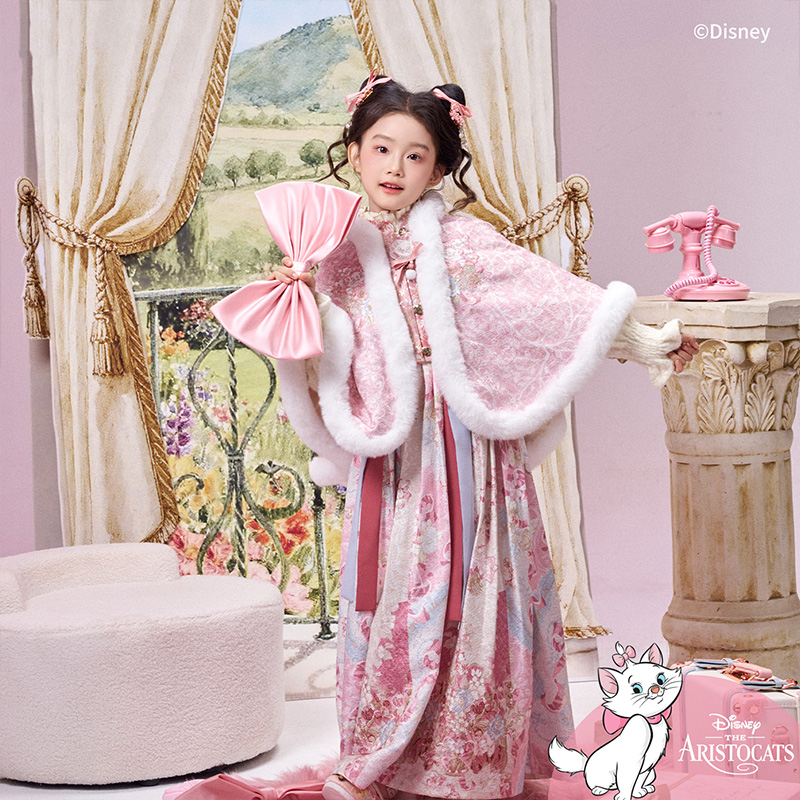 十三余童装[迪士尼 玛丽猫-猫咪来信]毛绒斗篷吊带裙女童汉服