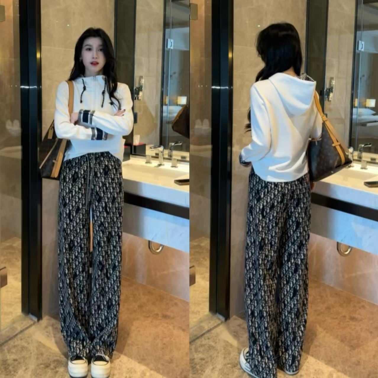 2025春百搭刺绣设计卫衣高街时尚百搭重工直筒休闲裤套装