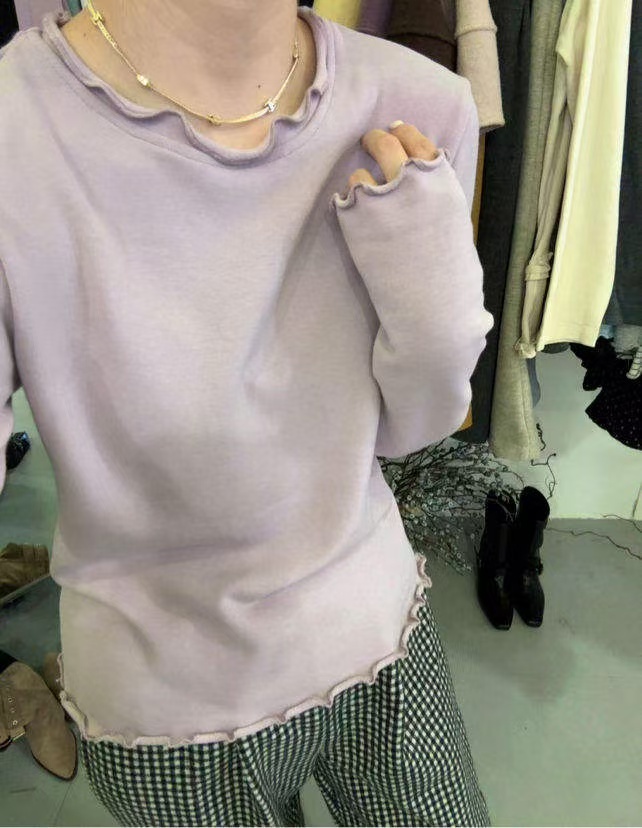 木耳边领纯色长袖T恤~磨毛打底上衣