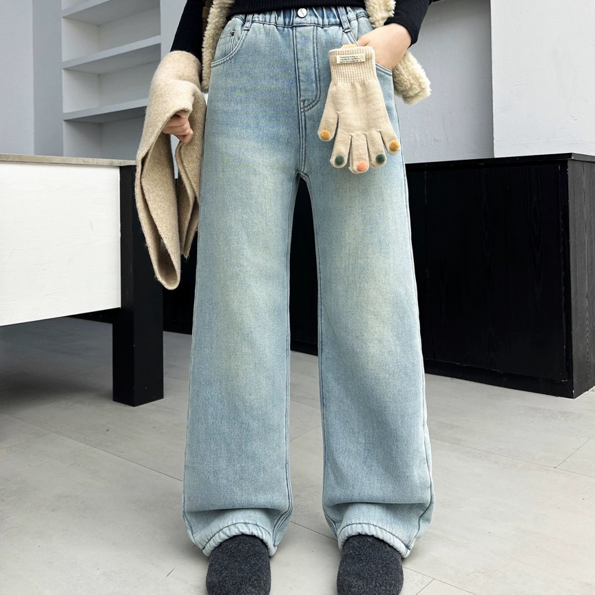 小文童学冬季加厚绒一条过动葵花绒23123百搭浅色牛仔直筒裤窄版