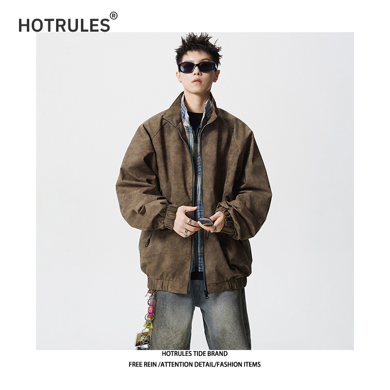 HOTRULES2025新款美式立领皮夹克潮牌港风男士休闲百搭痞帅外套男