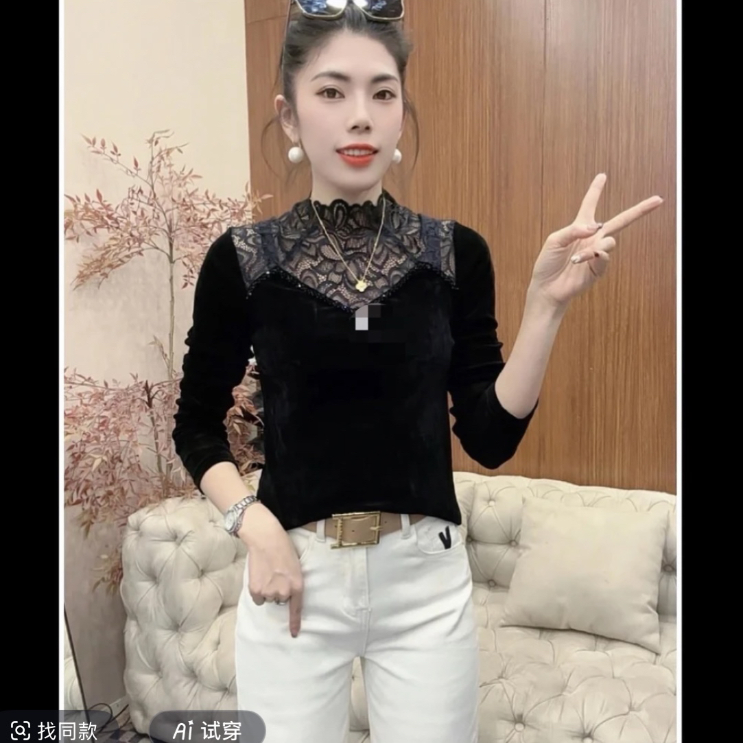 新款秋款欧货丝绒蕾丝拼接气质百搭长袖上衣