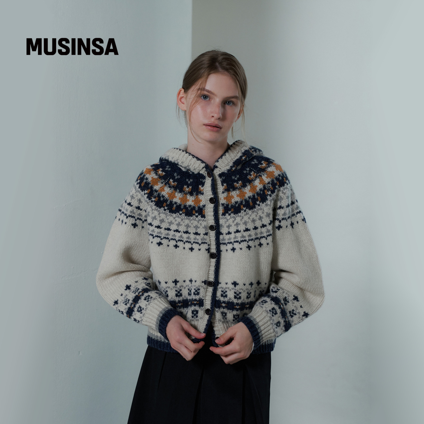 URAGO韩国25冬季女款连帽开衫复古北欧提花毛衣MUSINSA 2310211