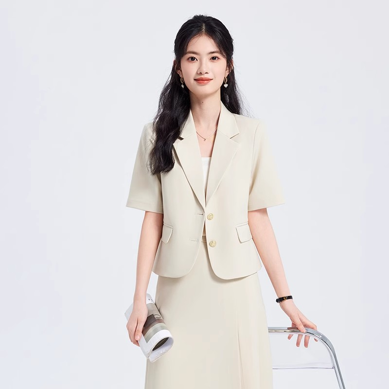 杏色西装套装女夏季薄款小个子2025新款职场面试正装职业短袖西服