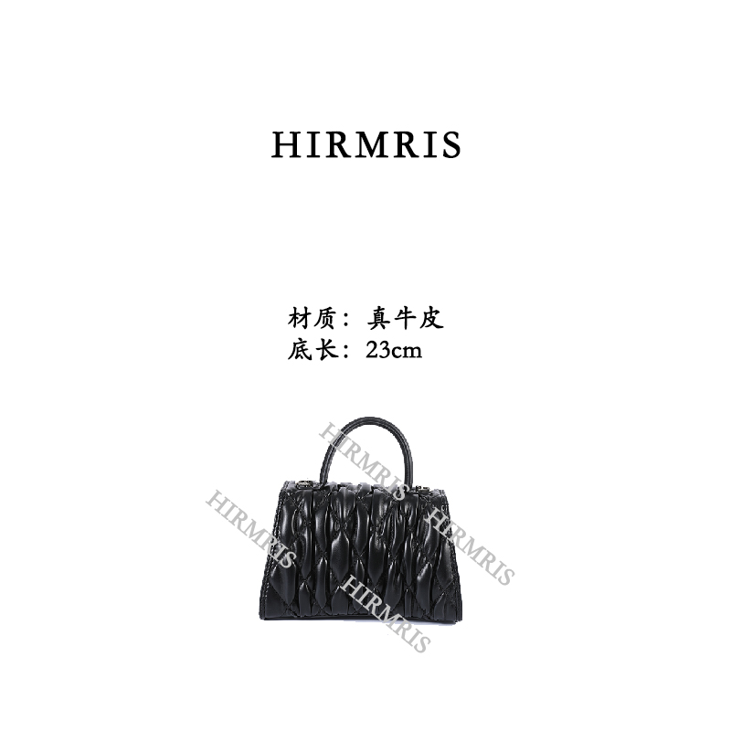 HIRMRIS手工真皮包BZ299  手提褶皱梨黑