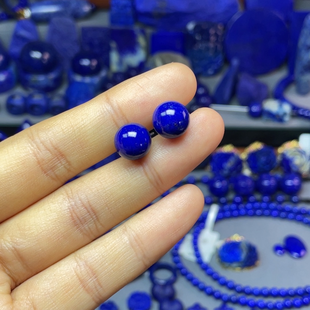 青金石银S925镶嵌9mm耳饰